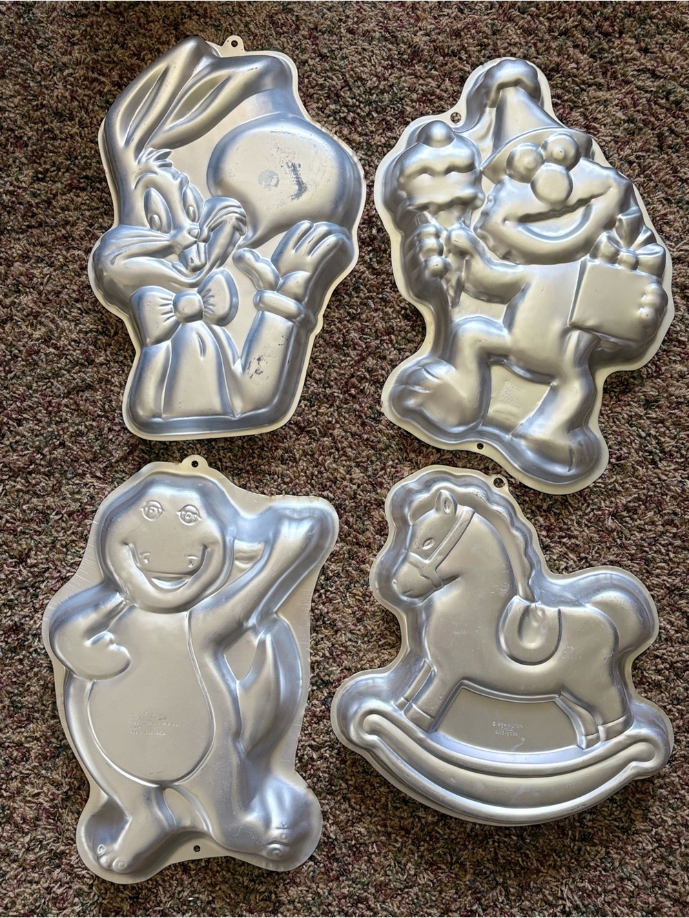 Vintage Wilton Cake Pan Lot Bugs Bunny Elmo Barney Rocking Horse Character Mold